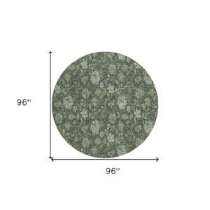 8' Olive Green And Artichoke Green Round Floral Washable Indoor Outdoor Area Rug