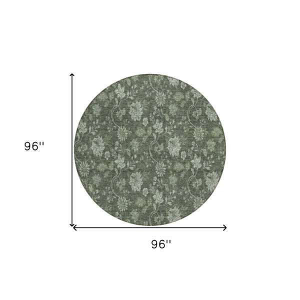 8' Olive Green And Artichoke Green Round Floral Washable Indoor Outdoor Area Rug