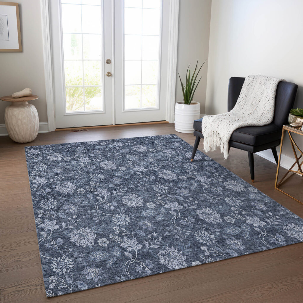10' X 14' Denim Blue And Navy Blue Floral Washable Indoor Outdoor Area Rug