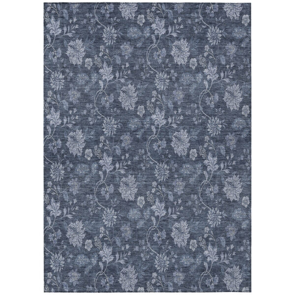 10' X 14' Denim Blue And Navy Blue Floral Washable Indoor Outdoor Area Rug