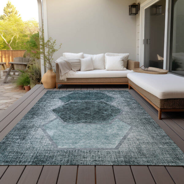 9' X 12' Teal Blue Aqua And Ivory Geometric Washable Indoor Outdoor Area Rug