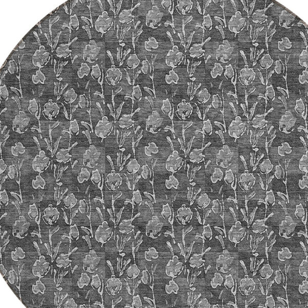 8' Gray Charcoal And Silver Round Floral Washable Indoor Outdoor Area Rug