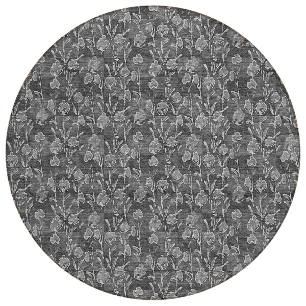 8' Gray Charcoal And Silver Round Floral Washable Indoor Outdoor Area Rug
