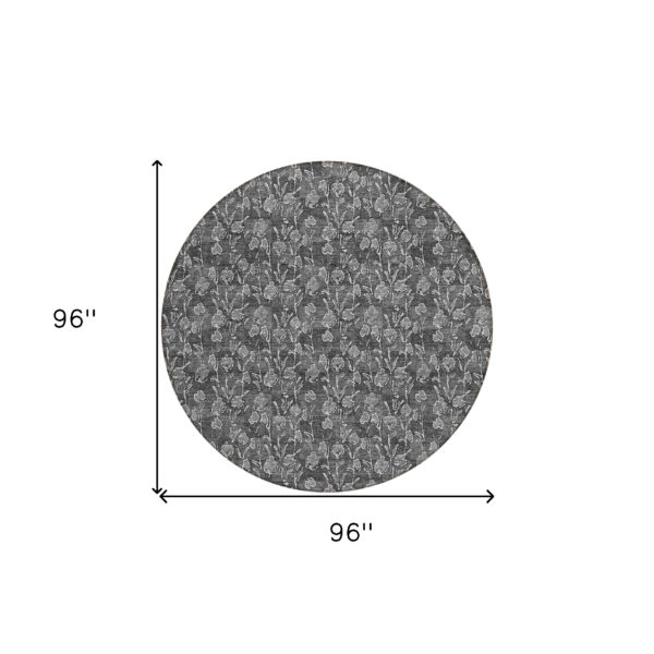 8' Gray Charcoal And Silver Round Floral Washable Indoor Outdoor Area Rug