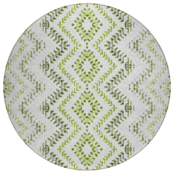 8' Green Ivory And Gray Round Geometric Washable Indoor Outdoor Area Rug