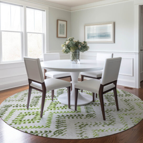 8' Green Ivory And Gray Round Geometric Washable Indoor Outdoor Area Rug