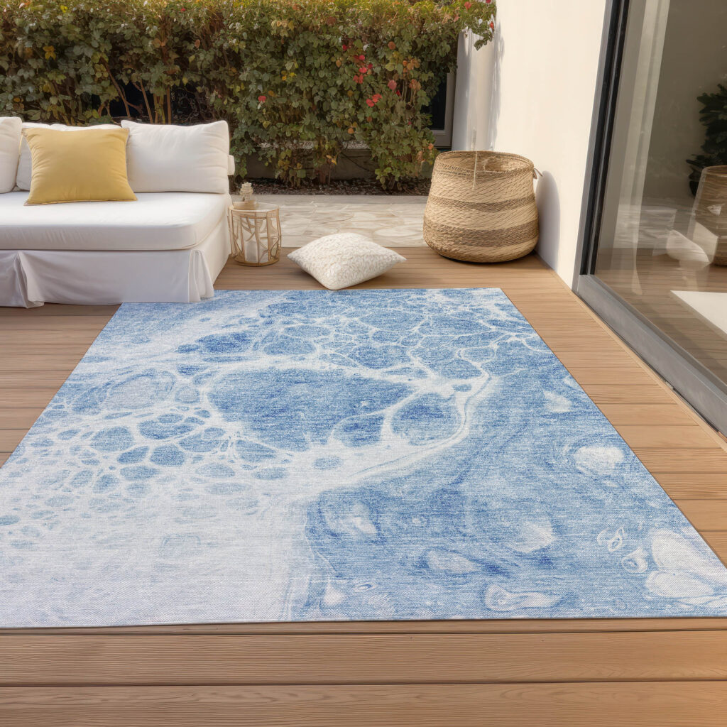 10' X 14' Sky Blue And Denim Blue Nautical Washable Indoor Outdoor Area Rug