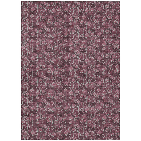 8' X 10' Merlot Mauve And Ivory Floral Washable Indoor Outdoor Area Rug