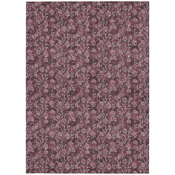 8' X 10' Merlot Mauve And Ivory Floral Washable Indoor Outdoor Area Rug