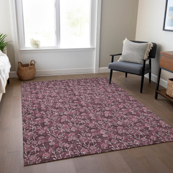 8' X 10' Merlot Mauve And Ivory Floral Washable Indoor Outdoor Area Rug