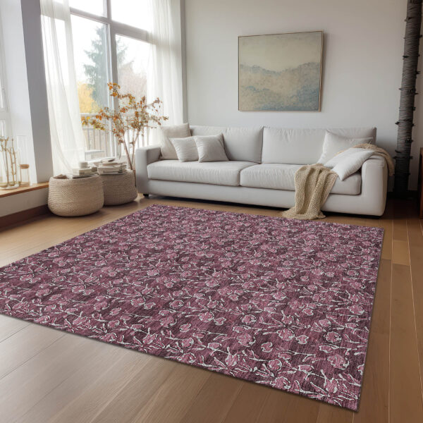 8' X 10' Merlot Mauve And Ivory Floral Washable Indoor Outdoor Area Rug