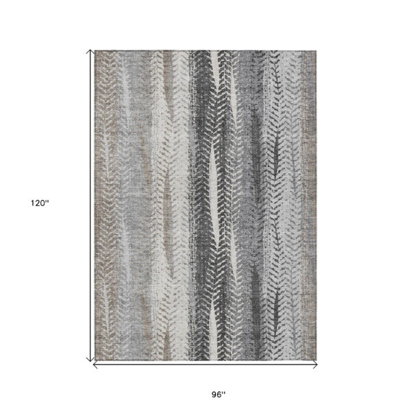 8' X 10' Khaki Ivory And Gray Botanical Leaves Washable Indoor Outdoor Area Rug