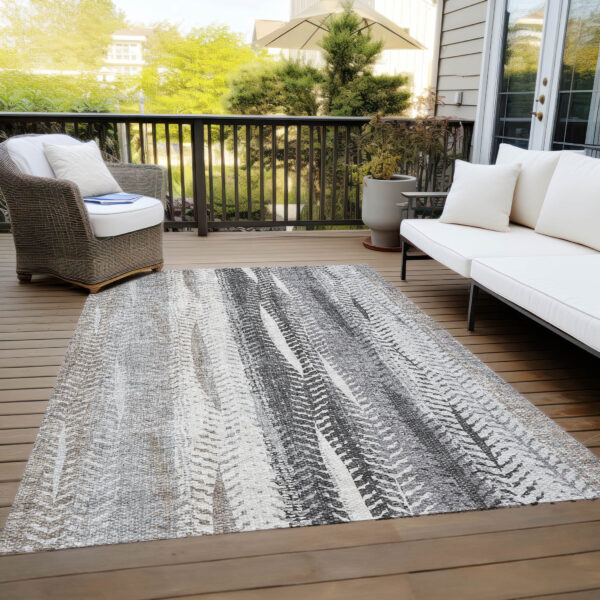 8' X 10' Khaki Ivory And Gray Botanical Leaves Washable Indoor Outdoor Area Rug