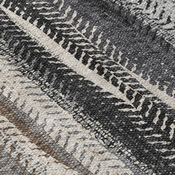 8' Brown Gray And Ivory Round Botanical Leaves Washable Indoor Outdoor Area Rug