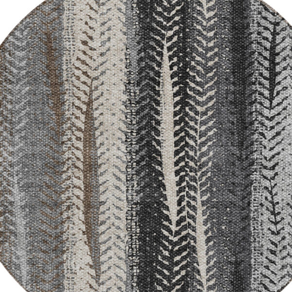 8' Brown Gray And Ivory Round Botanical Leaves Washable Indoor Outdoor Area Rug