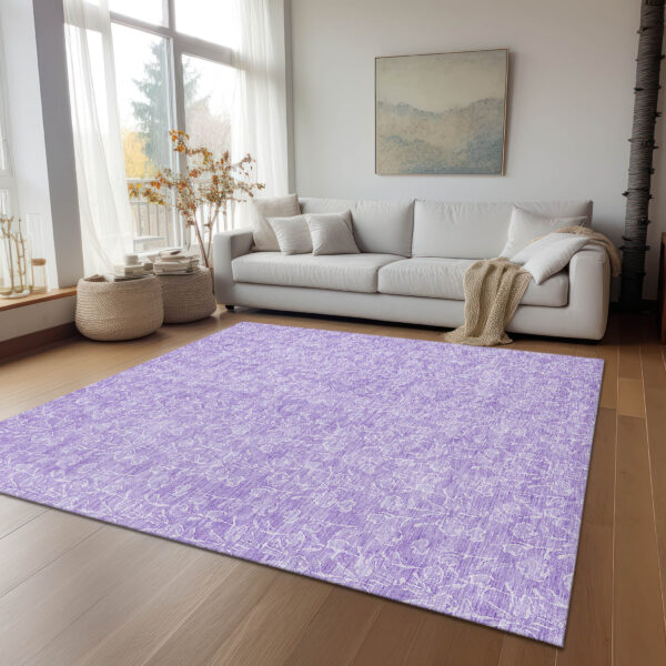 8' X 10' Lilac And Ivory Floral Washable Indoor Outdoor Area Rug