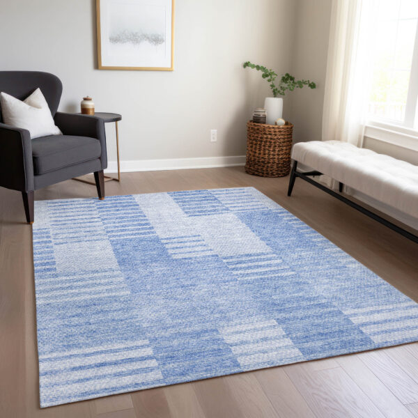 10' X 14' Sky Blue And Denim Blue Striped Washable Indoor Outdoor Area Rug
