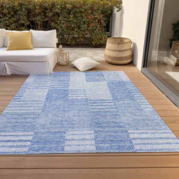10' X 14' Sky Blue And Denim Blue Striped Washable Indoor Outdoor Area Rug