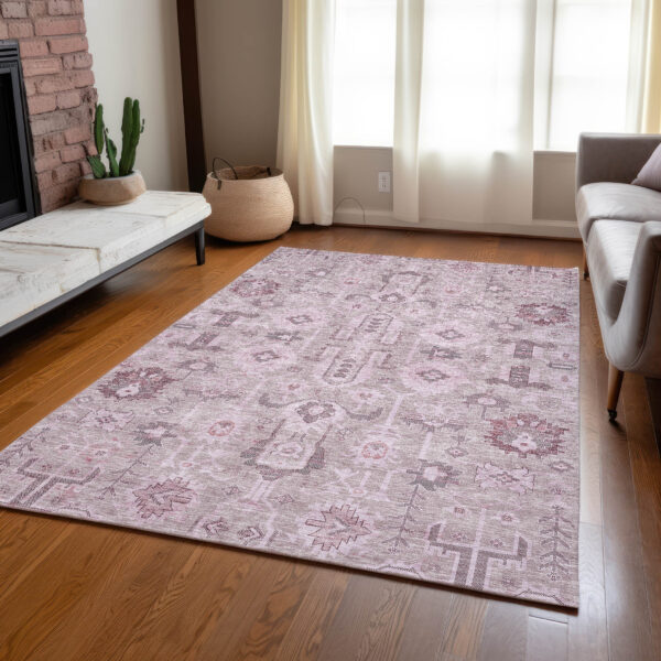 8' X 10' Pink Mauve And Blush Oriental Washable Indoor Outdoor Area Rug