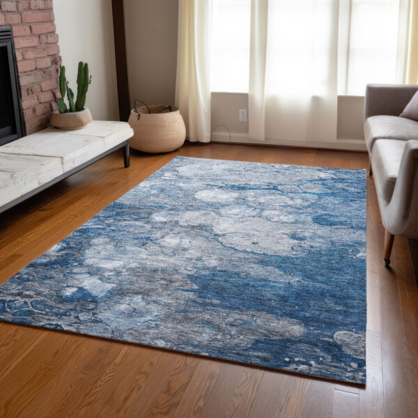 9' X 12' Denim Blue And Sky Blue Abstract Washable Indoor Outdoor Area Rug