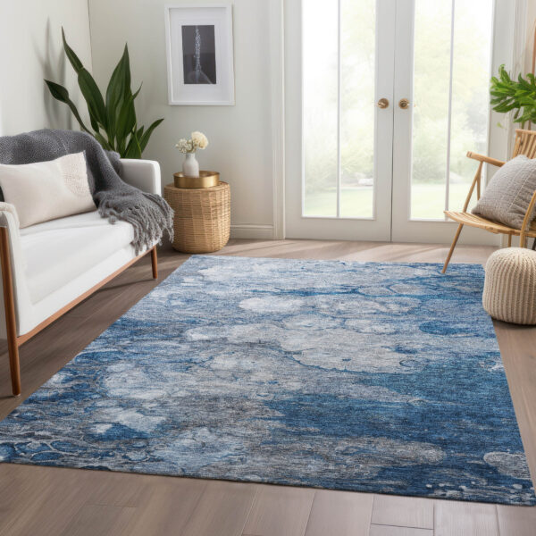 9' X 12' Denim Blue And Sky Blue Abstract Washable Indoor Outdoor Area Rug