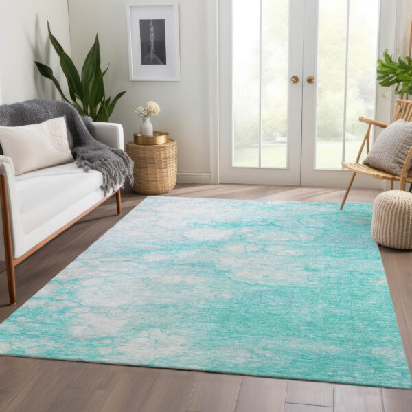9' X 12' Aqua Ivory And Teal Blue Abstract Washable Indoor Outdoor Area Rug