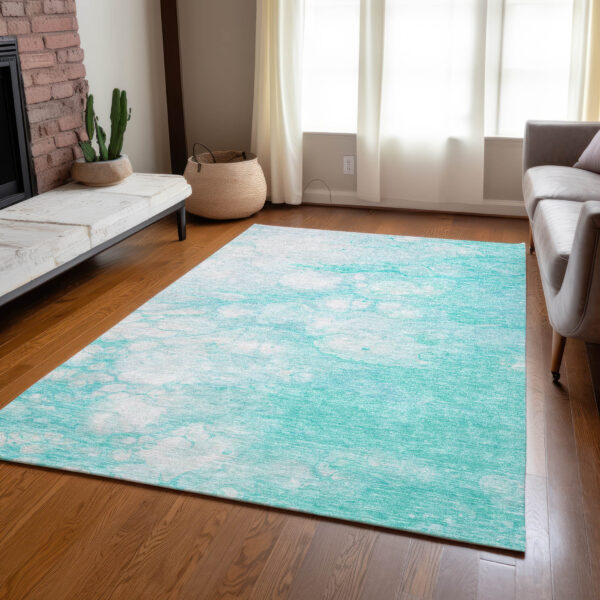 9' X 12' Aqua Ivory And Teal Blue Abstract Washable Indoor Outdoor Area Rug