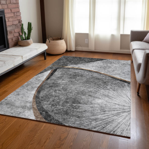3' X 5' Gray Chocolate And Silver Abstract Washable Indoor Outdoor Area Rug