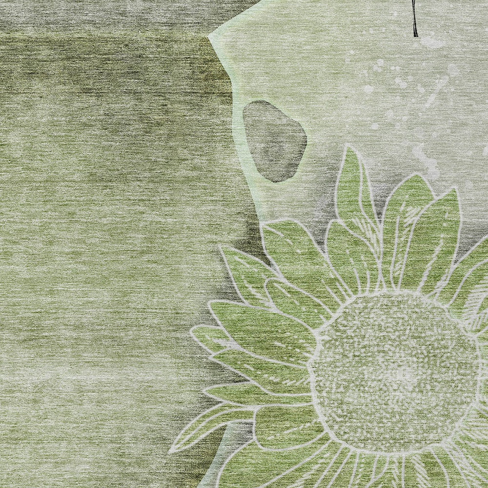 5' X 8' Artichoke Green And Gray Floral Washable Indoor Outdoor Area Rug