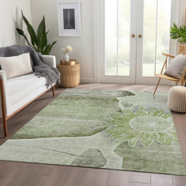 5' X 8' Artichoke Green And Gray Floral Washable Indoor Outdoor Area Rug