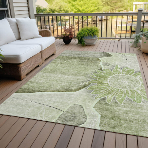 5' X 8' Artichoke Green And Gray Floral Washable Indoor Outdoor Area Rug