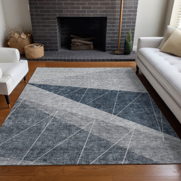 5' X 8' Charcoal Gray And Silver Geometric Washable Indoor Outdoor Area Rug