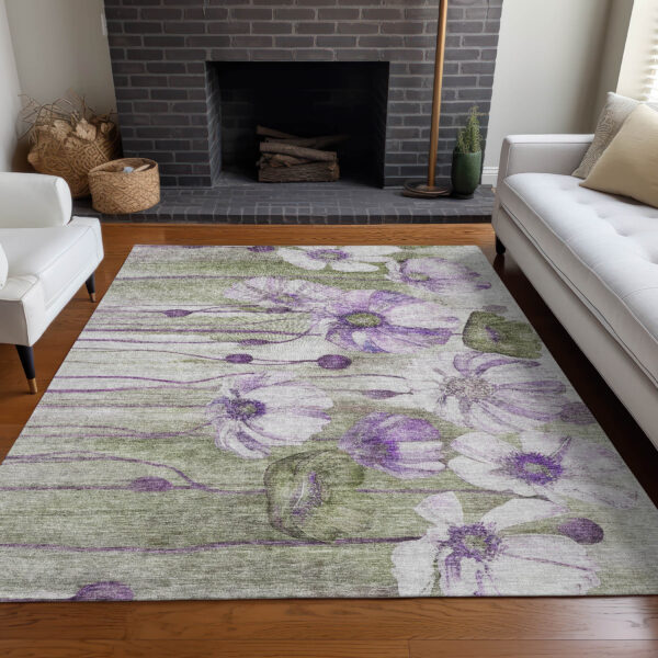 10' X 14' Purple And Lavender Floral Washable Indoor Outdoor Area Rug