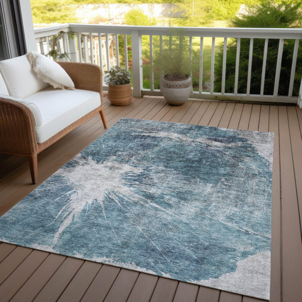 5' X 8' Teal Blue Navy Blue And Gray Abstract Washable Indoor Outdoor Area Rug