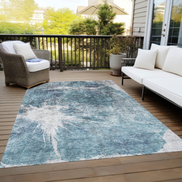 5' X 8' Teal Blue Navy Blue And Gray Abstract Washable Indoor Outdoor Area Rug