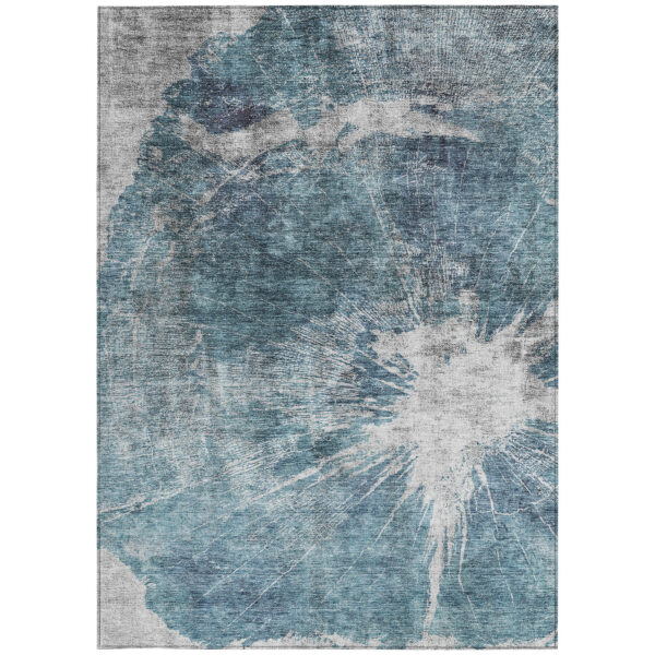 5' X 8' Teal Blue Navy Blue And Gray Abstract Washable Indoor Outdoor Area Rug