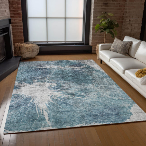 5' X 8' Teal Blue Navy Blue And Gray Abstract Washable Indoor Outdoor Area Rug