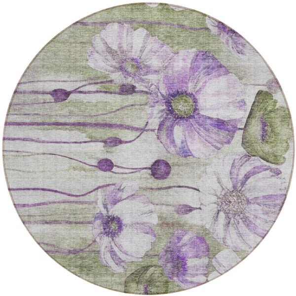 8' Purple And Lavender Round Floral Washable Indoor Outdoor Area Rug
