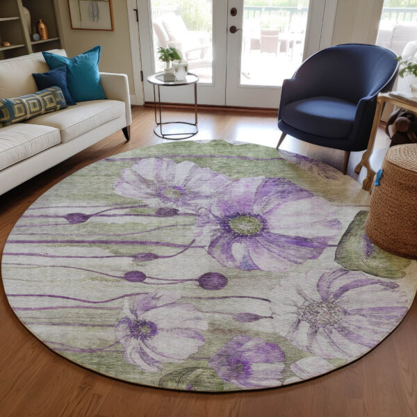 8' Purple And Lavender Round Floral Washable Indoor Outdoor Area Rug