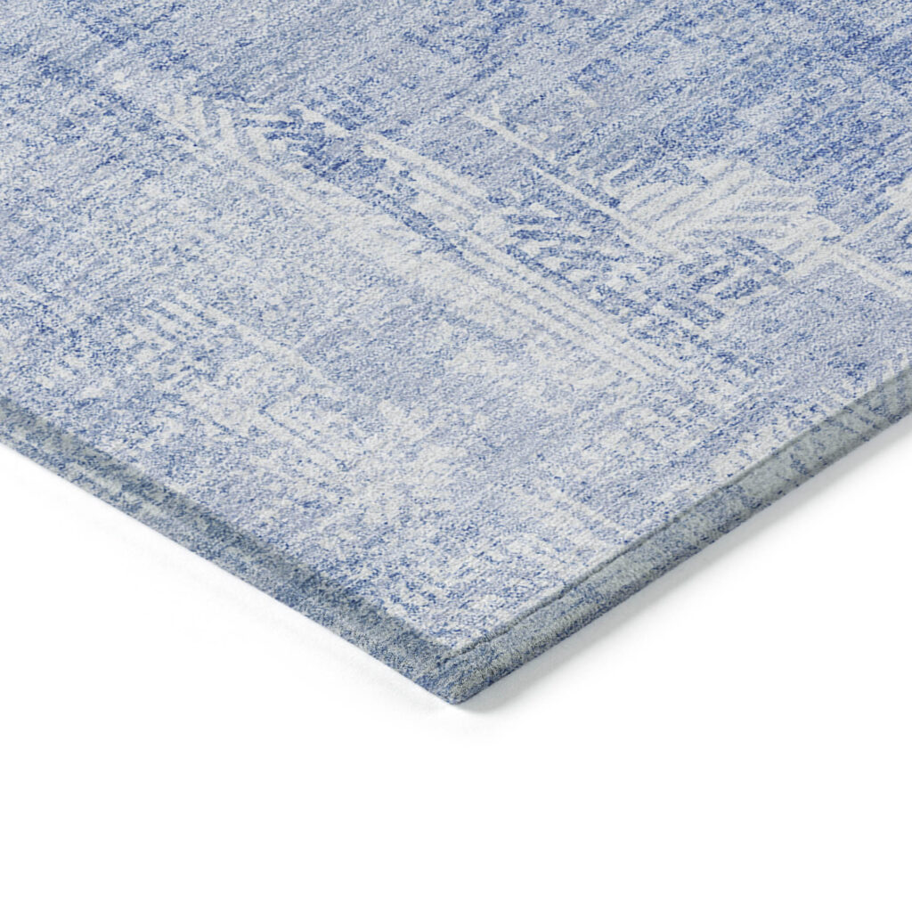 5' X 8' Sky Blue Denim Blue And Ivory Abstract Washable Indoor Outdoor Area Rug