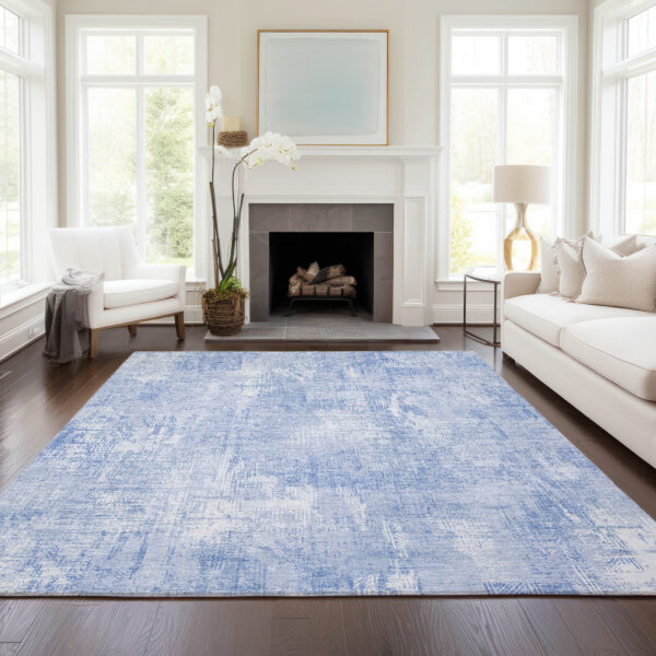 5' X 8' Sky Blue Denim Blue And Ivory Abstract Washable Indoor Outdoor Area Rug
