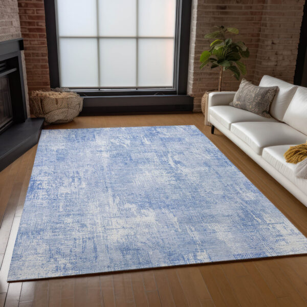 5' X 8' Sky Blue Denim Blue And Ivory Abstract Washable Indoor Outdoor Area Rug