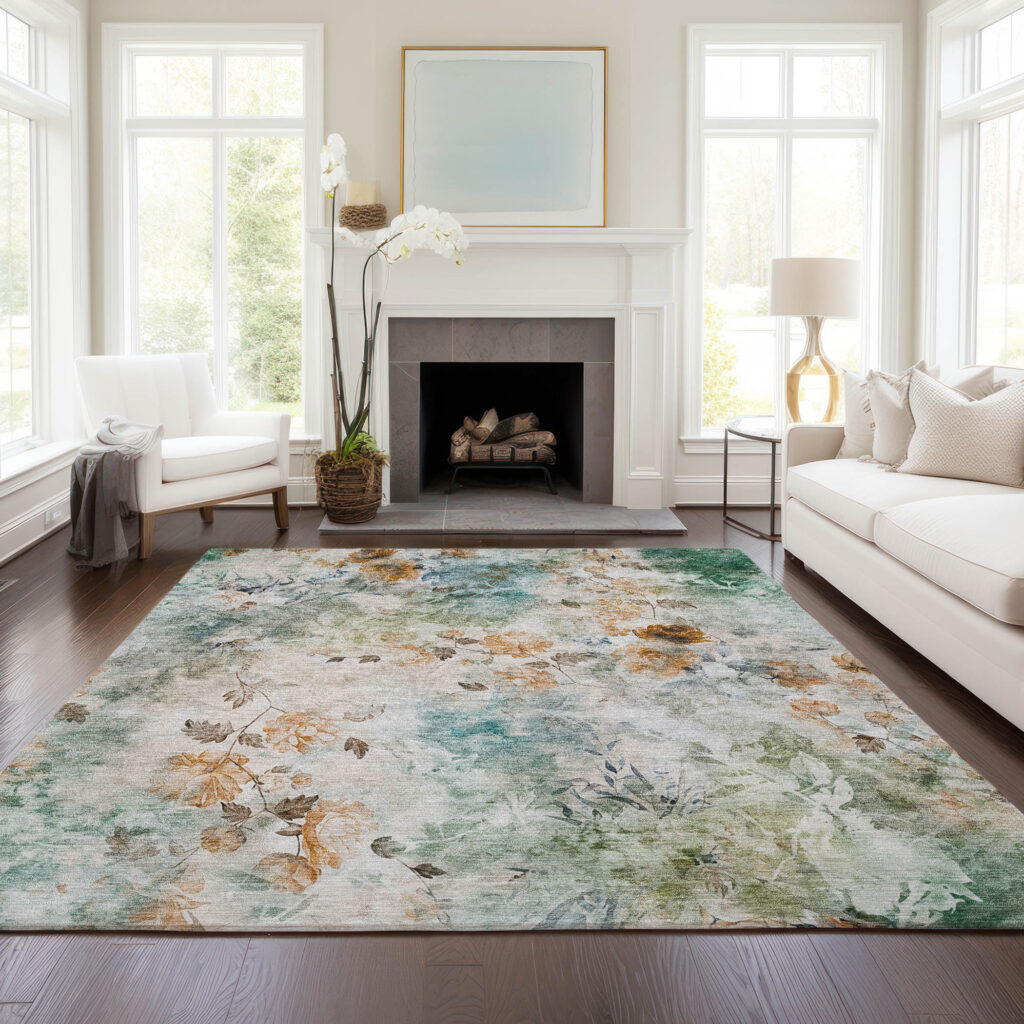 10' X 14' Teal Blue Blue And Green Floral Washable Indoor Outdoor Area Rug