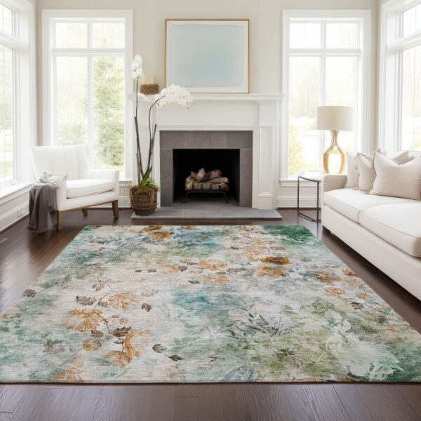 10' X 14' Teal Blue Blue And Green Floral Washable Indoor Outdoor Area Rug