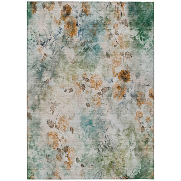 10' X 14' Teal Blue Blue And Green Floral Washable Indoor Outdoor Area Rug