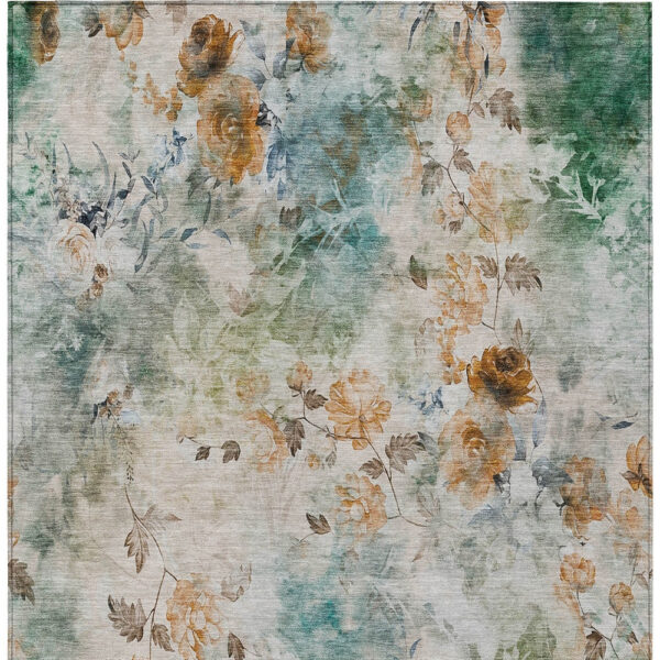 10' X 14' Teal Blue Blue And Green Floral Washable Indoor Outdoor Area Rug