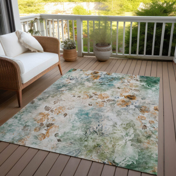 10' X 14' Teal Blue Blue And Green Floral Washable Indoor Outdoor Area Rug