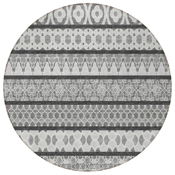 8' Gray Charcoal And Silver Round Quatrefoil Washable Indoor Outdoor Area Rug