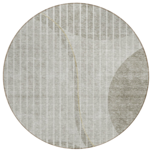 8' Taupe Beige And Ivory Round Striped Washable Indoor Outdoor Area Rug