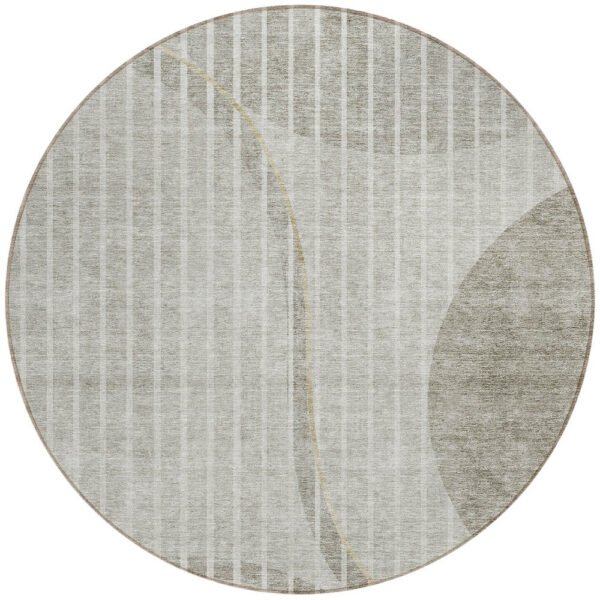 8' Taupe Beige And Ivory Round Striped Washable Indoor Outdoor Area Rug